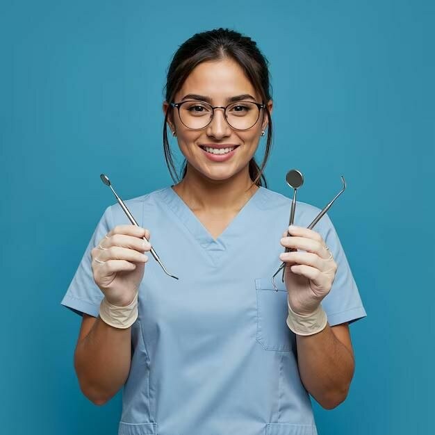 Dokter gigi Senyum Dental Care tersenyum membawa alat pemeriksaan gigi